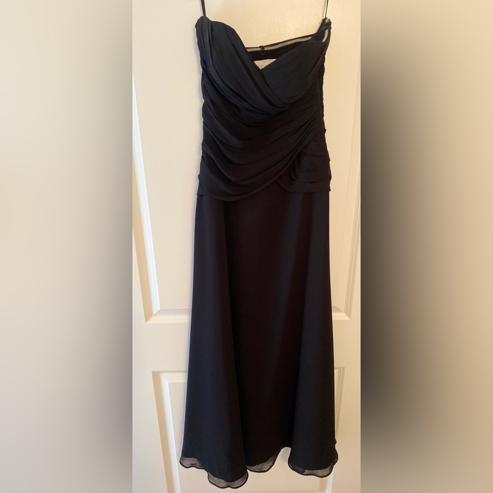 Black, floor length, a line, drop waist bridesmaids dress. Excellent condition.